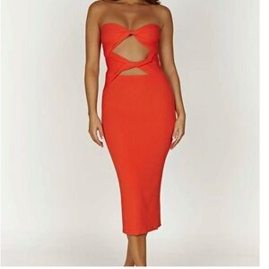 Meshki Gabrielle twist knit coral midi dress